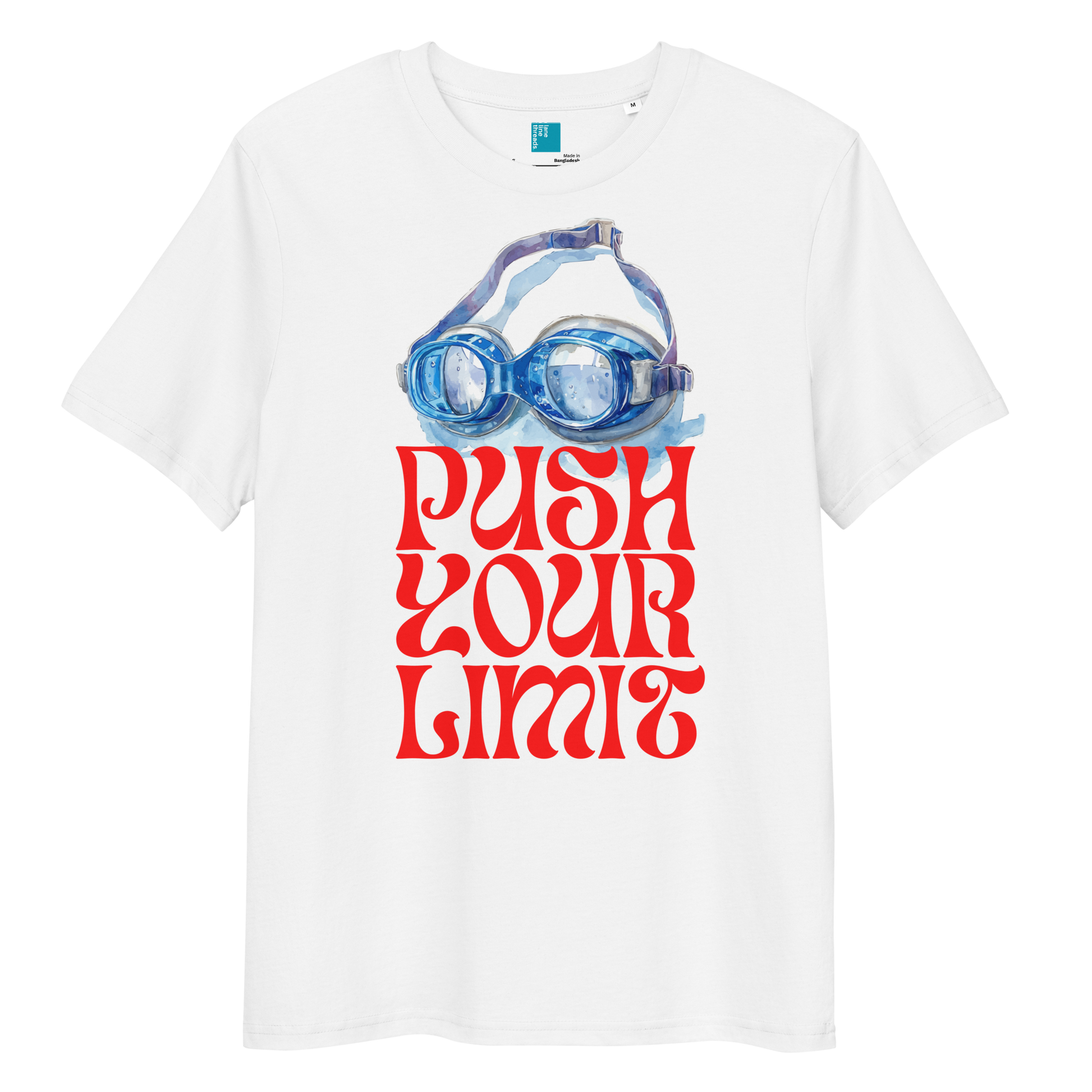 White organic cotton shirt featuring blue swim goggles and red retro text that reads “Push Your Limit” – ideal for eco-conscious swimmers.