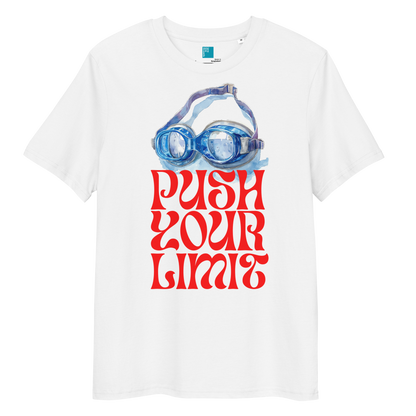 White organic cotton shirt featuring blue swim goggles and red retro text that reads “Push Your Limit” – ideal for eco-conscious swimmers.