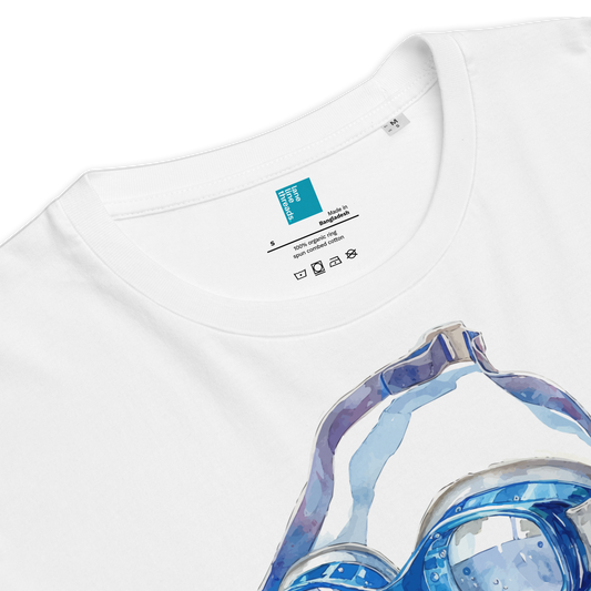 White eco-friendly organic cotton shirt front details featuring inner label with Lane Line Threads logo and a part of its stylized swimming goggles watercolor print – ideal for sustainable-minded swimmers.