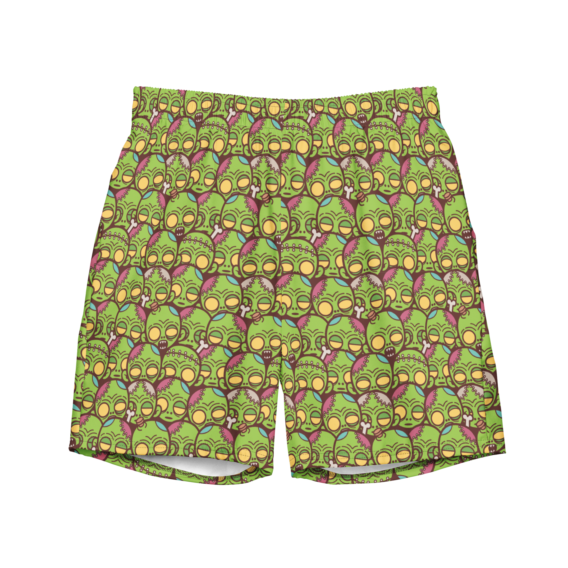 Halloween recycled swim trunks with cartoon zombie face pattern in green and purple. Eco-friendly organic swim trunks made from 100% recycled polyester.