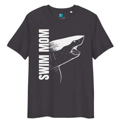 Anthracite organic cotton t-shirt with a bold white shark graphic and vertical “Swim Mom” text—perfect for fierce, eco-conscious swim moms.