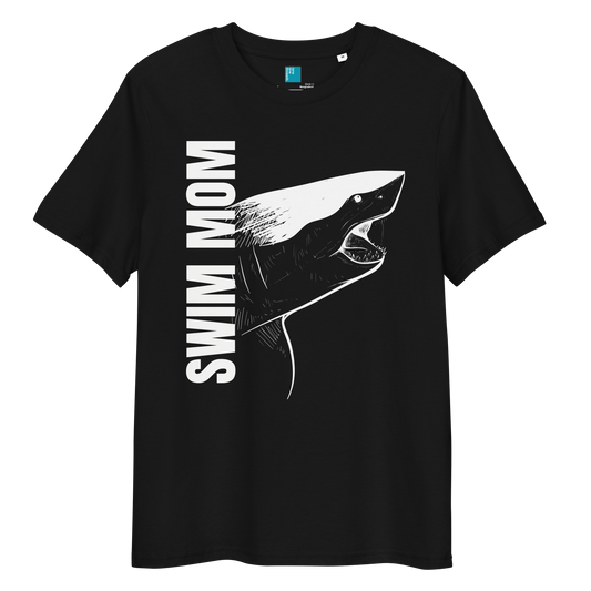 Black organic cotton t-shirt with a bold white shark graphic and vertical “Swim Mom” text—perfect for fierce, eco-conscious swim moms.