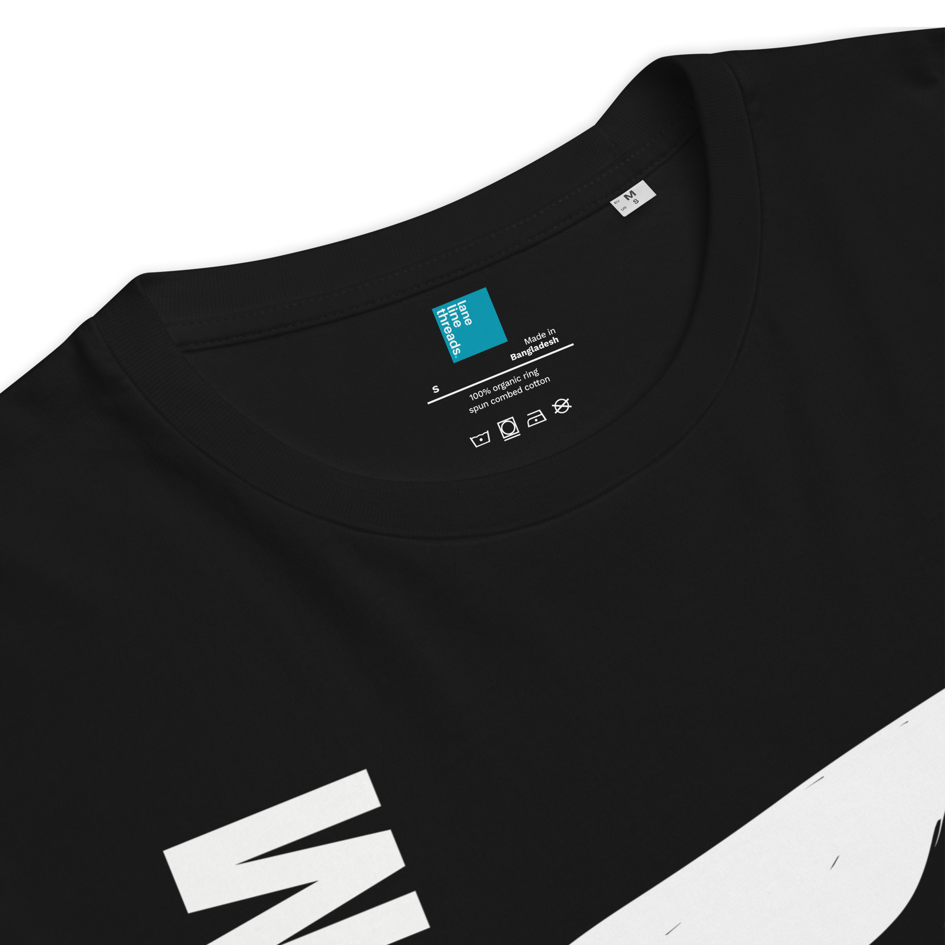 Black t-shirt with a brand label on the collar against a white background