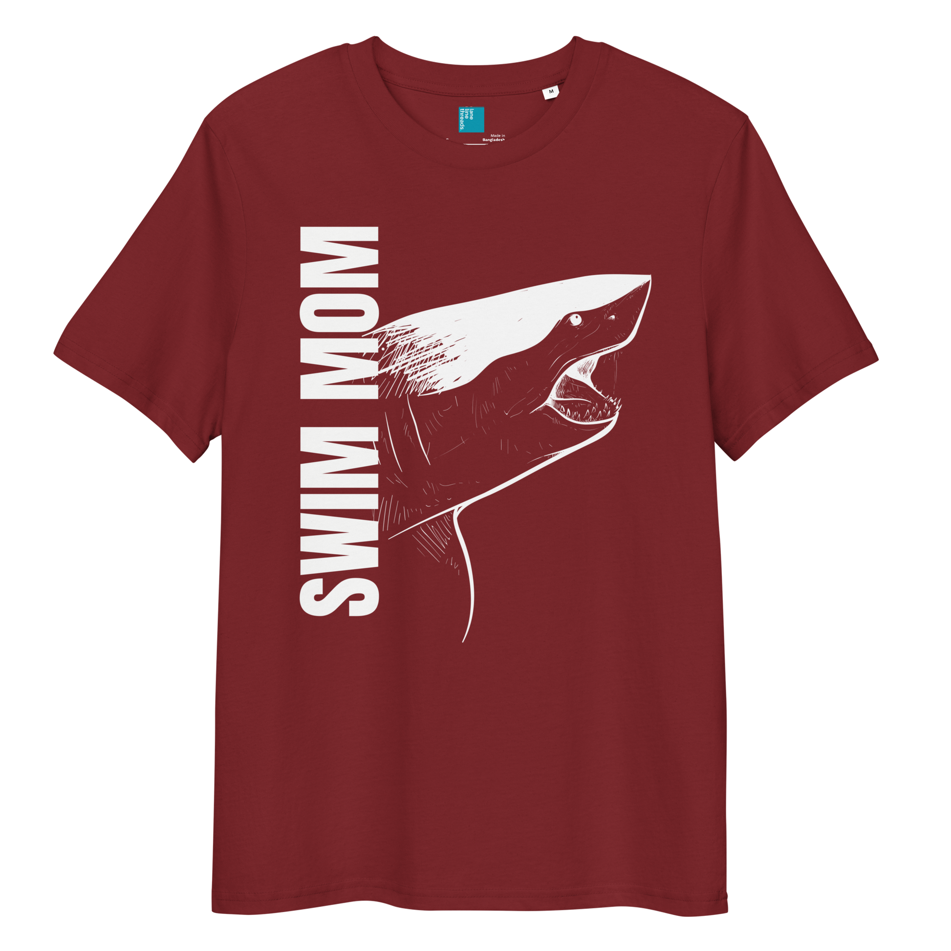 Burgundy organic cotton t-shirt with a bold white shark graphic and vertical “Swim Mom” text—perfect for fierce, eco-conscious swim moms.