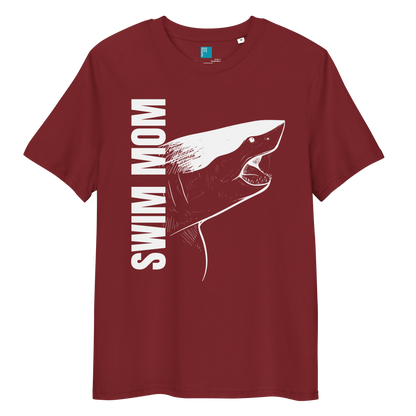 Burgundy organic cotton t-shirt with a bold white shark graphic and vertical “Swim Mom” text—perfect for fierce, eco-conscious swim moms.