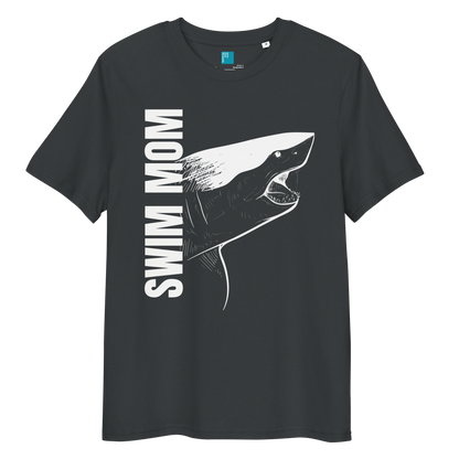 India ink grey organic cotton t-shirt with a bold white shark graphic and vertical “Swim Mom” text—perfect for fierce, eco-conscious swim moms.