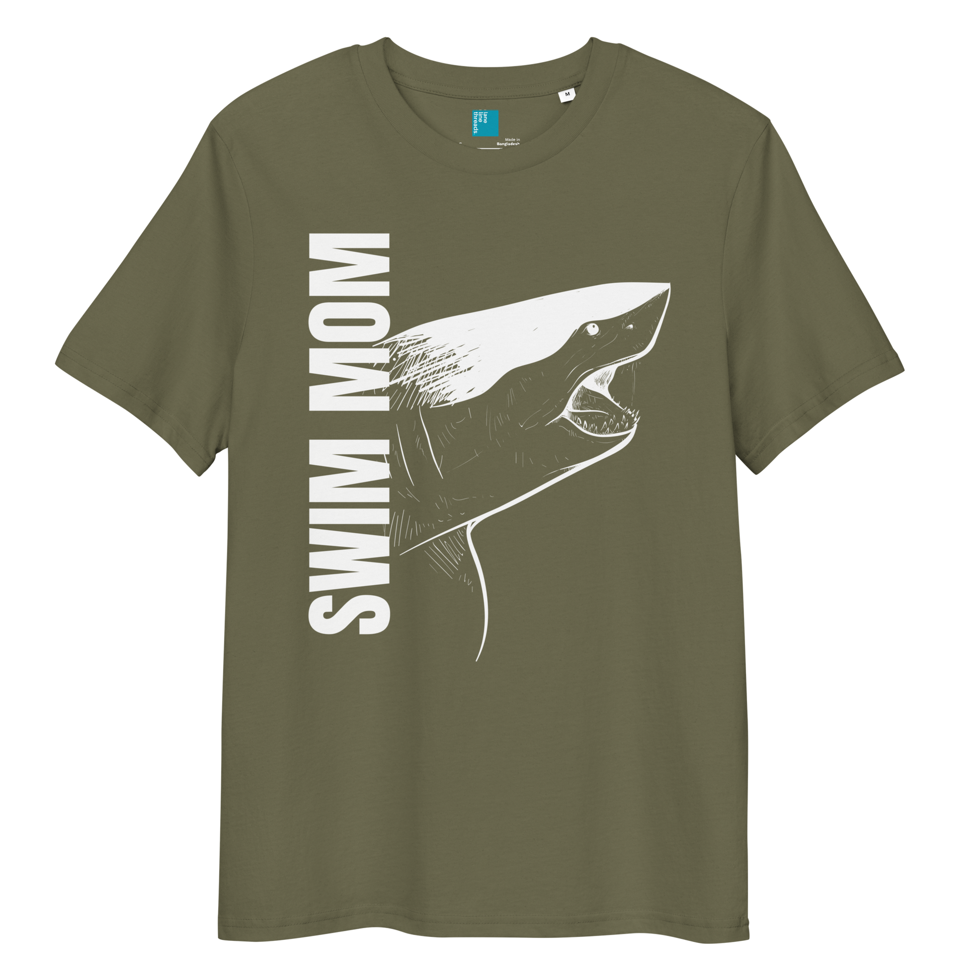 Khaki organic cotton t-shirt with a bold white shark graphic and vertical “Swim Mom” text—perfect for fierce, eco-conscious swim moms.