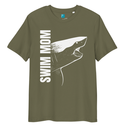 Khaki organic cotton t-shirt with a bold white shark graphic and vertical “Swim Mom” text—perfect for fierce, eco-conscious swim moms.