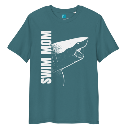 Stargazer organic cotton t-shirt with a bold white shark graphic and vertical “Swim Mom” text—perfect for fierce, eco-conscious swim moms.