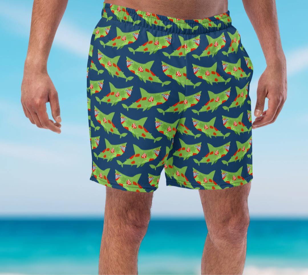 Person wearing a colorful swim suit with a beach background