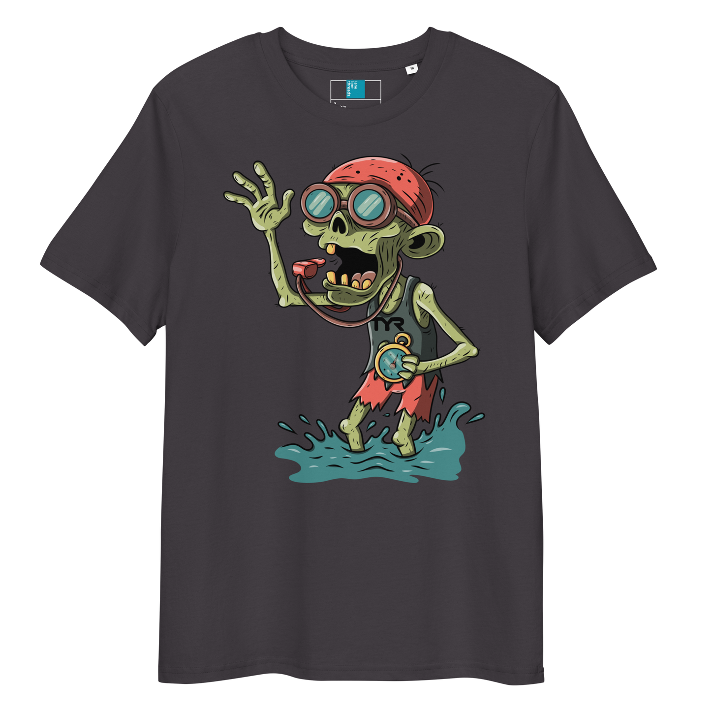 Anthracite swim coach Halloween organic shirt with cartoon zombie coach in red bandana, whistle, and stopwatch standing in water.