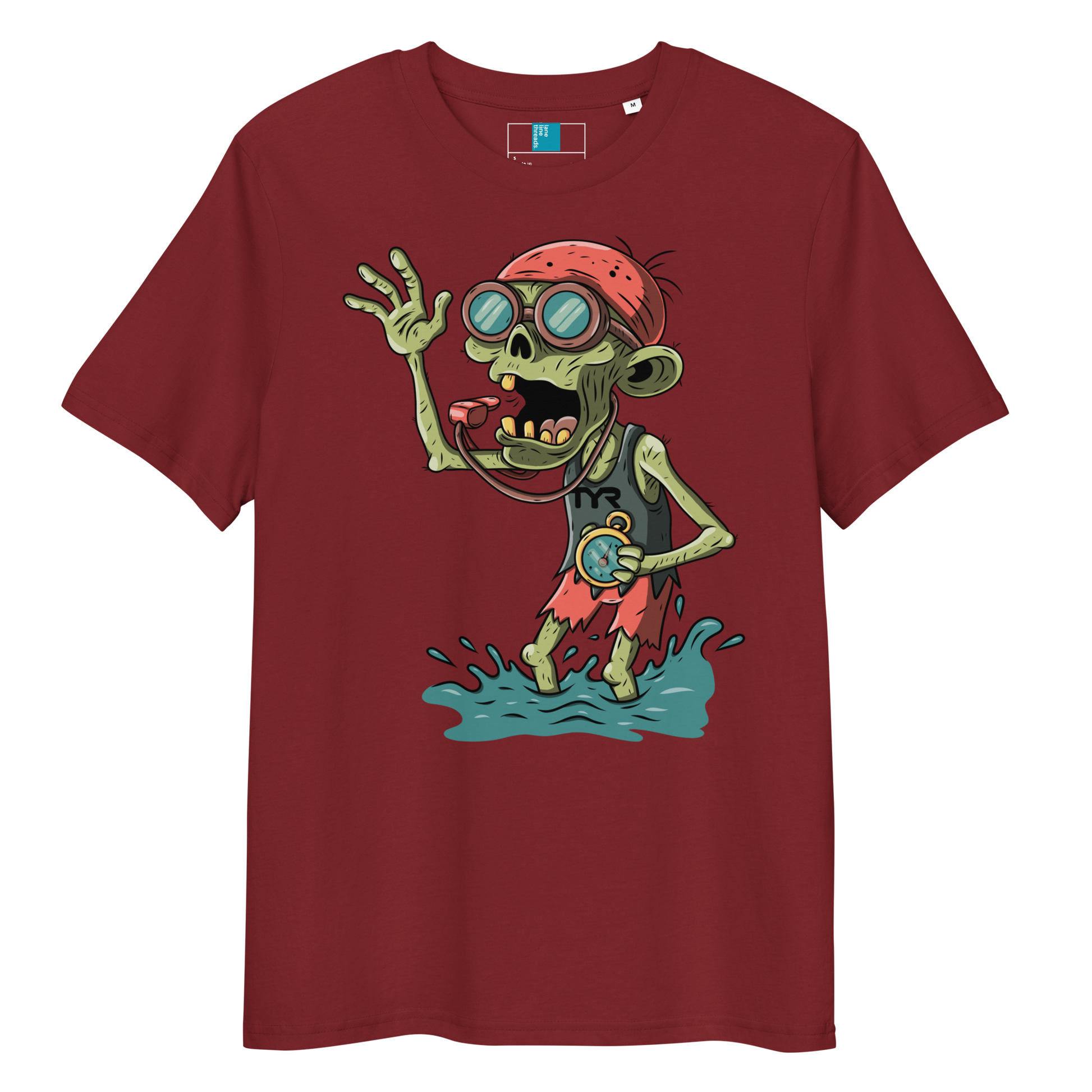 Maroon swim coach Halloween organic shirt with cartoon zombie coach in red bandana, whistle, and stopwatch standing in water.