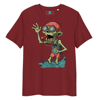 Maroon swim coach Halloween organic shirt with cartoon zombie coach in red bandana, whistle, and stopwatch standing in water.