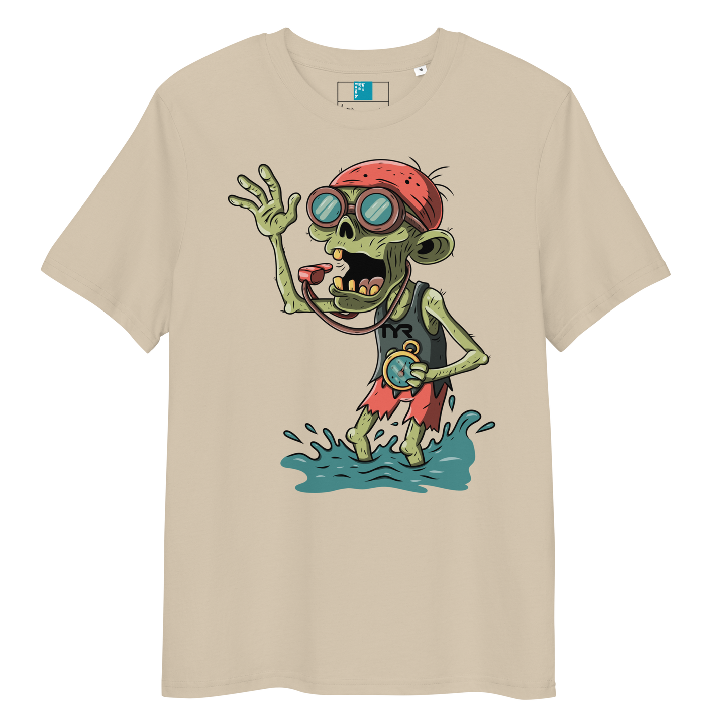 Beige swim coach Halloween organic shirt with cartoon zombie coach in red bandana, whistle, and stopwatch standing in water.