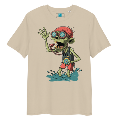Beige swim coach Halloween organic shirt with cartoon zombie coach in red bandana, whistle, and stopwatch standing in water.