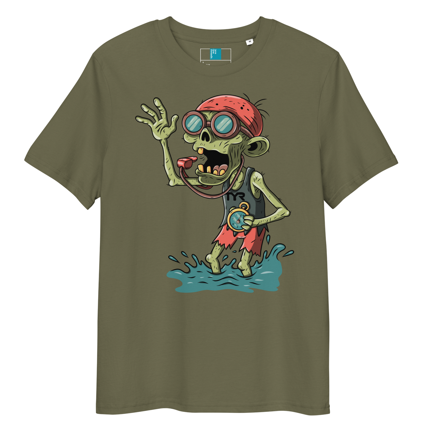 Khaki swim coach Halloween organic shirt with cartoon zombie coach in red bandana, whistle, and stopwatch standing in water.