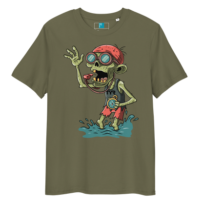 Khaki swim coach Halloween organic shirt with cartoon zombie coach in red bandana, whistle, and stopwatch standing in water.