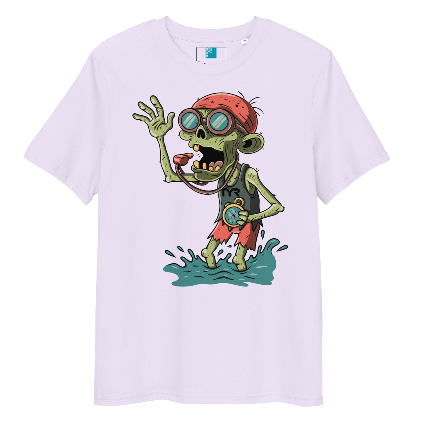 Lavender swim coach Halloween organic shirt with cartoon zombie coach in red bandana, whistle, and stopwatch standing in water.