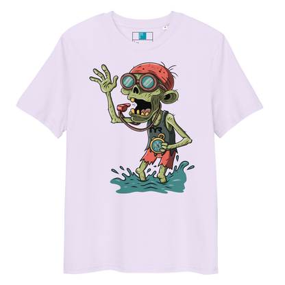 Lavender swim coach Halloween organic shirt with cartoon zombie coach in red bandana, whistle, and stopwatch standing in water.