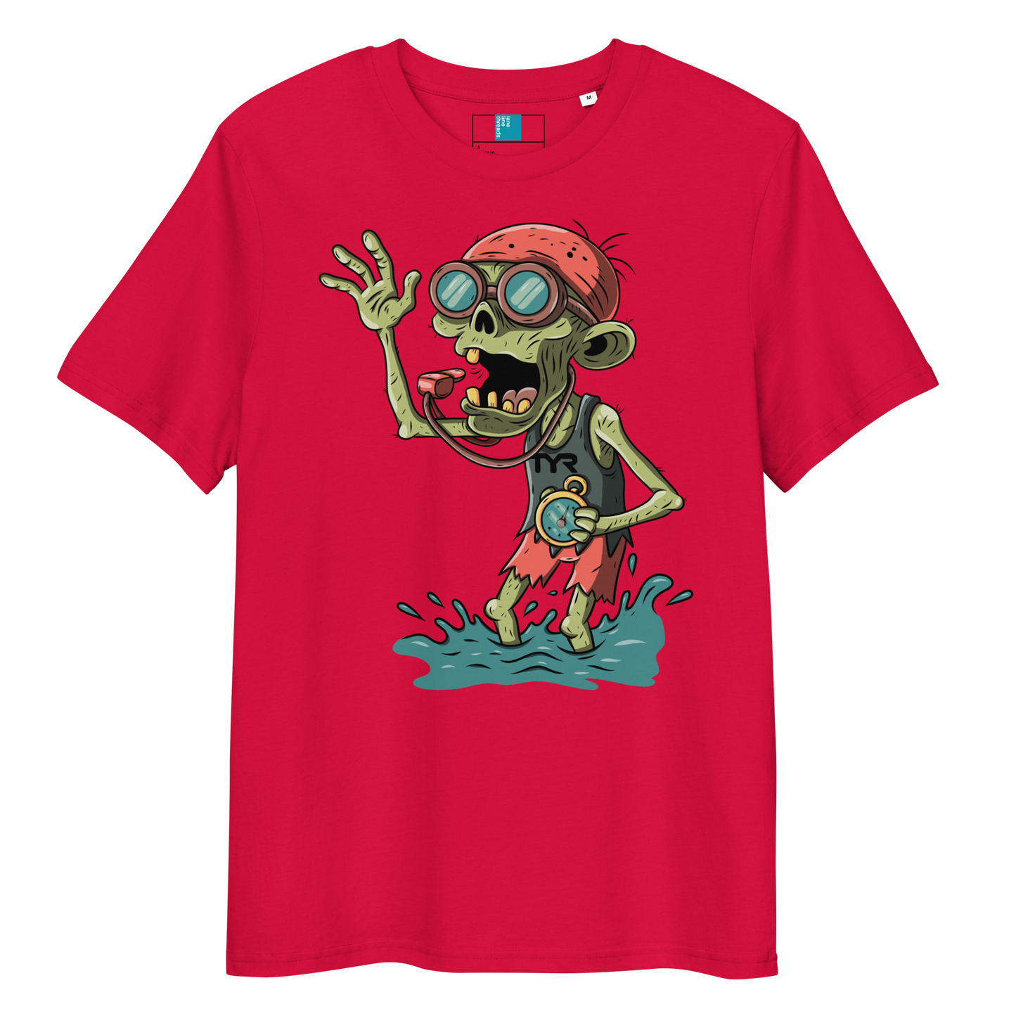 Red swim coach Halloween organic shirt with cartoon zombie coach in red bandana, whistle, and stopwatch standing in water.