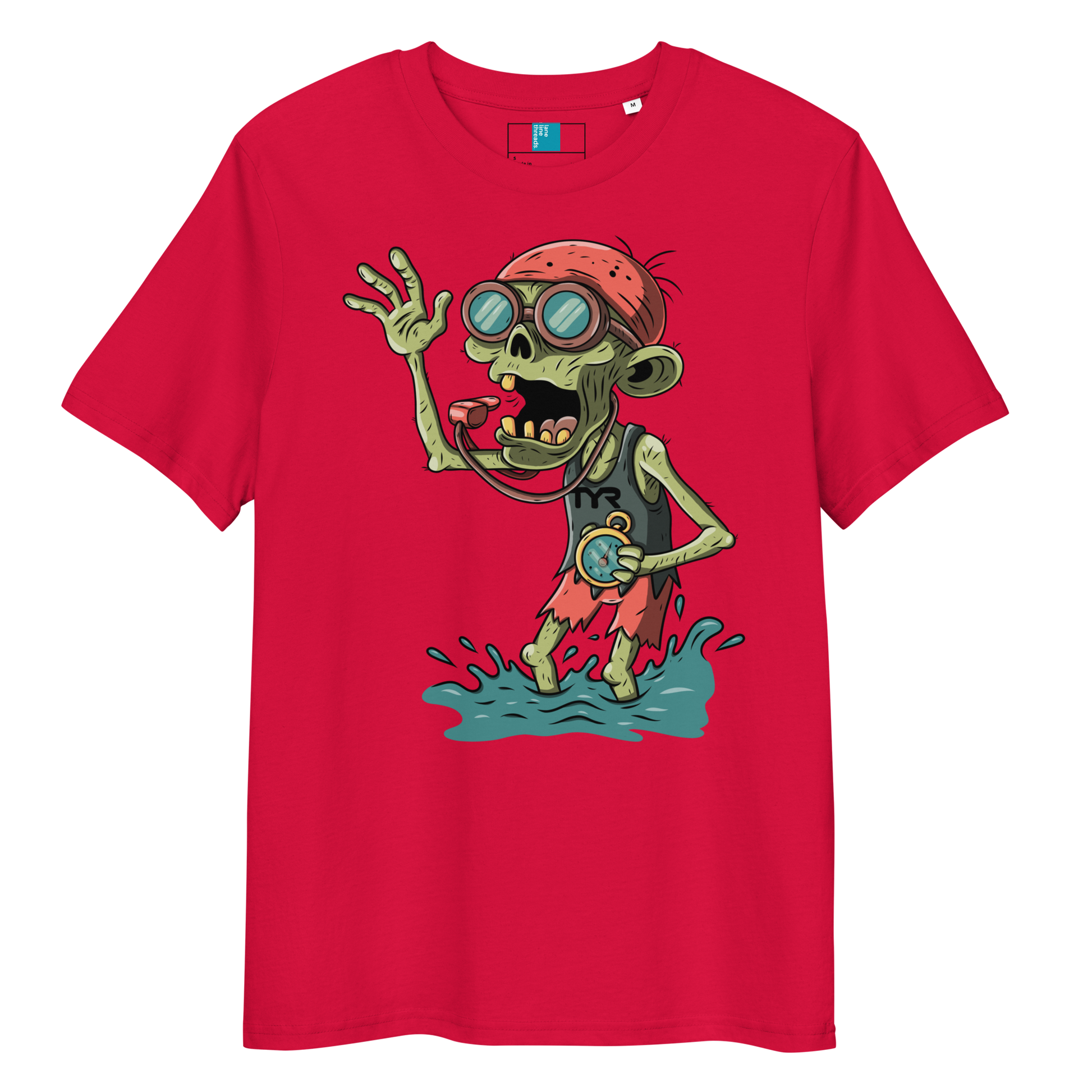 Red swim coach Halloween organic shirt with cartoon zombie coach in red bandana, whistle, and stopwatch standing in water.
