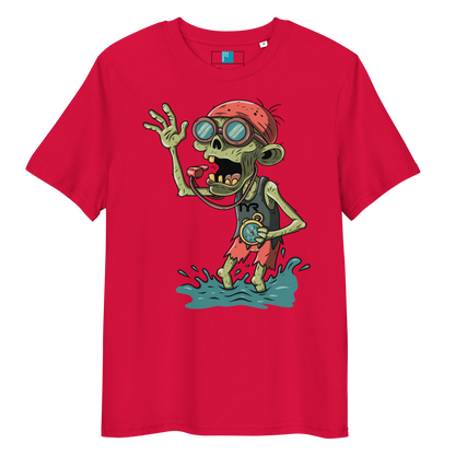 Red swim coach Halloween organic shirt with cartoon zombie coach in red bandana, whistle, and stopwatch standing in water.