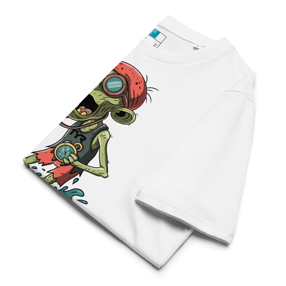 Folded white swim coach Halloween organic shirt with cartoon zombie coach in red bandana, whistle, and stopwatch standing in water.