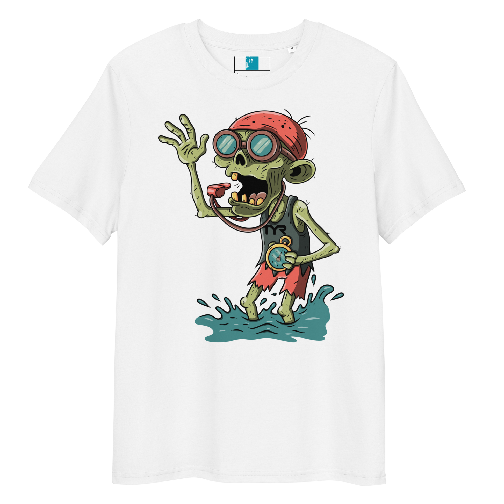 White swim coach Halloween organic shirt with cartoon zombie coach in red bandana, whistle, and stopwatch standing in water
