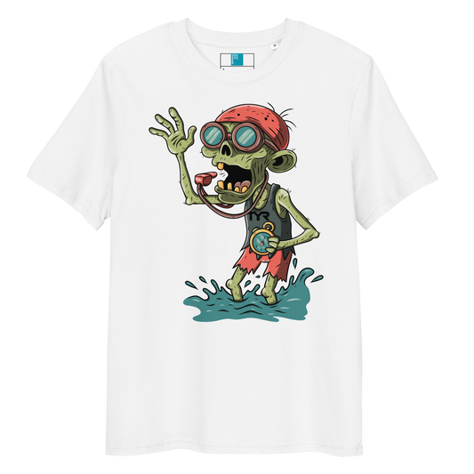 White swim coach Halloween organic shirt with cartoon zombie coach in red bandana, whistle, and stopwatch standing in water