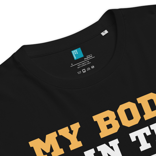Black t-shirt with yellow and white text on a white background
