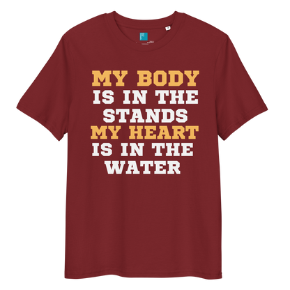 burgundy organic cotton swim mom t-shirt with bold text: “My Body Is in the Stands, My Heart Is in the Water,” displayed on transparent background