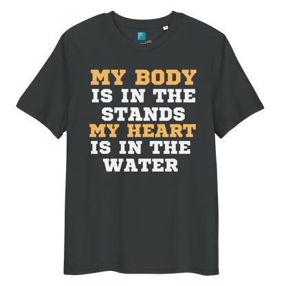 India ink grey organic cotton swim mom t-shirt with bold text: “My Body Is in the Stands, My Heart Is in the Water,” displayed on transparent background
