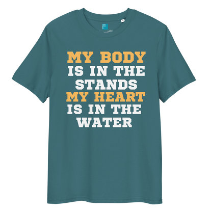 stagazer organic cotton swim mom t-shirt with bold text: “My Body Is in the Stands, My Heart Is in the Water,” displayed on transparent background