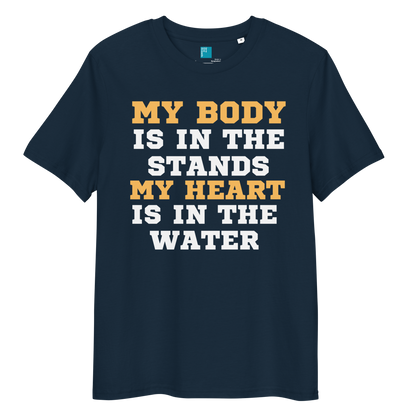french navy organic cotton swim mom t-shirt with bold text: “My Body Is in the Stands, My Heart Is in the Water,” displayed on transparent background