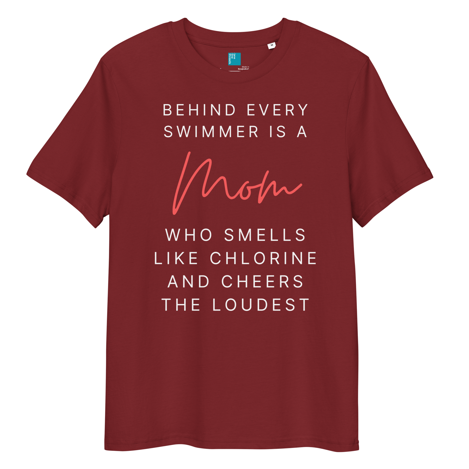 Maroon t-shirt with humorous text about swimmers and moms on a white background