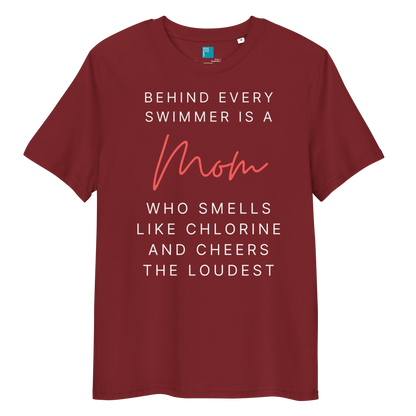 Maroon t-shirt with humorous text about swimmers and moms on a white background