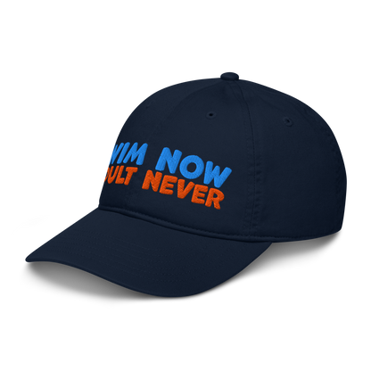 Side view of navy organic baseball cap angled left, showing structured brim and breathable 100% organic cotton fabric. Eco-friendly headwear for swimmers.