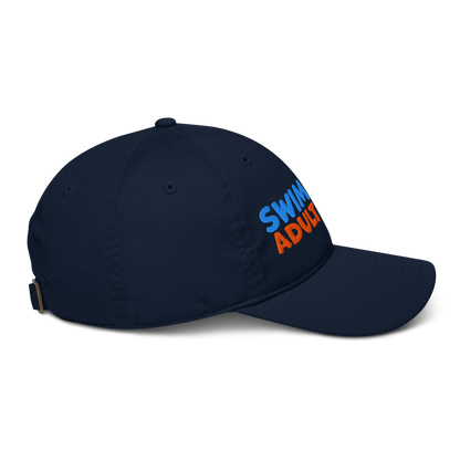 Navy blue cap with 'SWIM ADULT' text on a white background