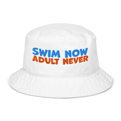 Eco-friendly organic bucket hat with 'Swim Now Adult Never' text, white, for swim meets, made from sustainable materials.