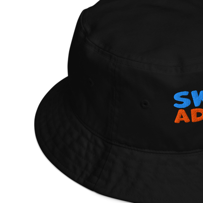 Black bucket hat with colorful text on a white background