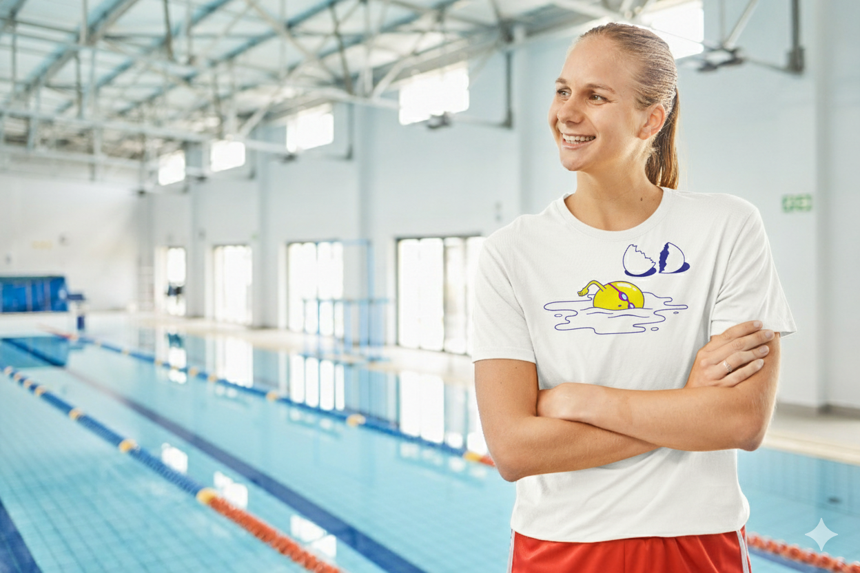 Woman standing by an indoor pool wearing a white t-shirt with a graphic design.