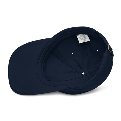 Navy blue cap with a tag on a white background