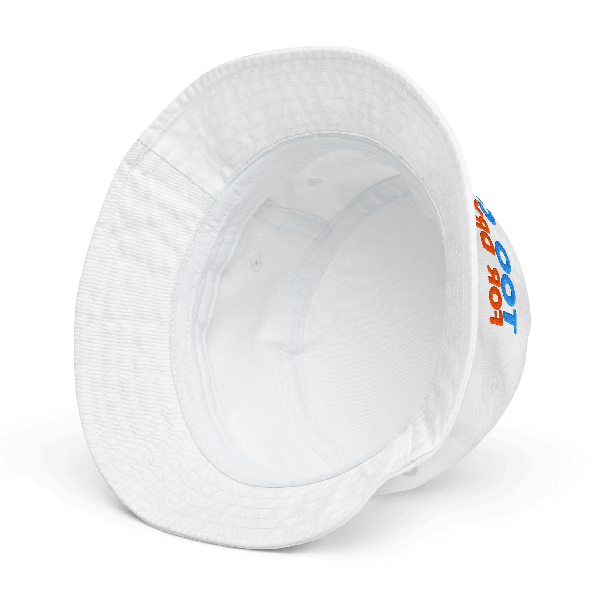 White bucket hat with text on a white background