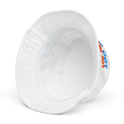 White bucket hat with text on a white background