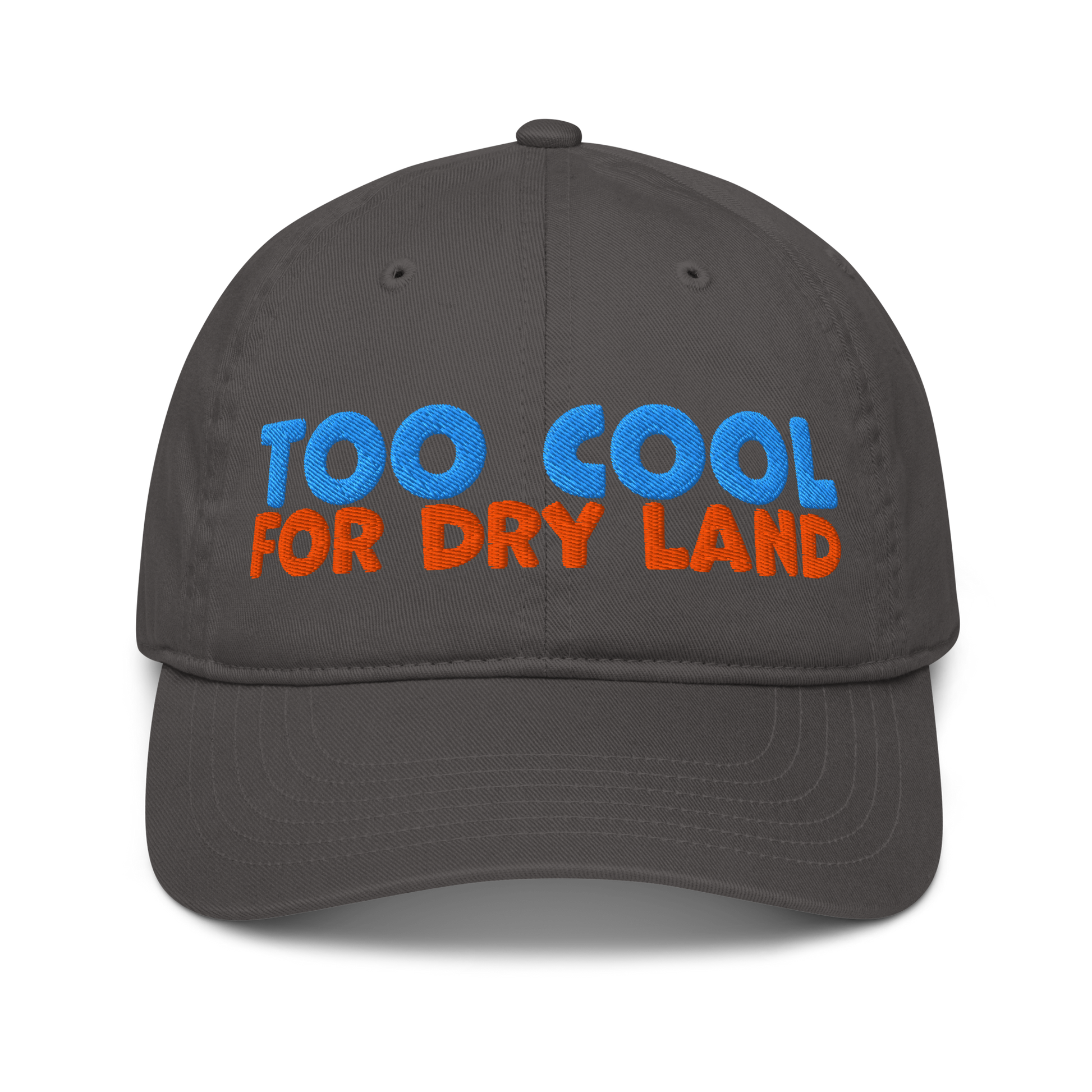 Charcoal organic cotton baseball cap embroidered with “Too Cool for Dry Land” in bold blue and orange text. Eco-friendly, breathable, and biodegradable.