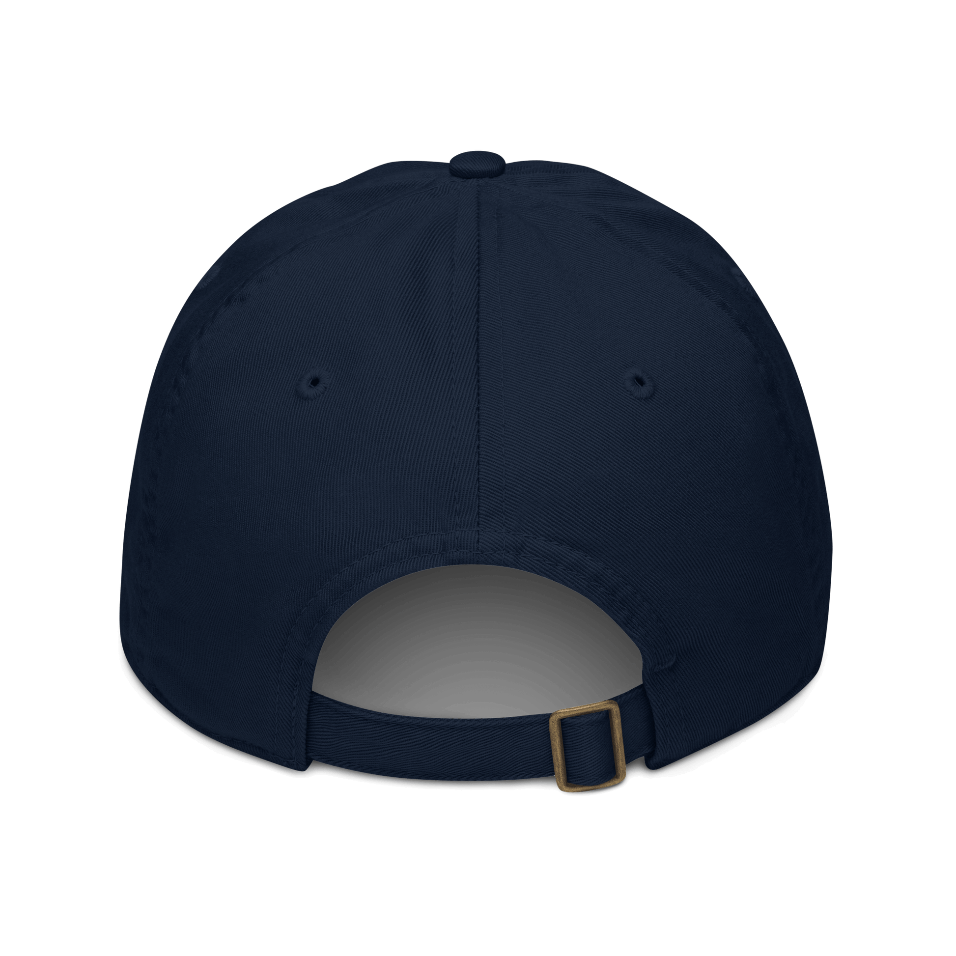 Navy blue cap with a gold buckle on a white background