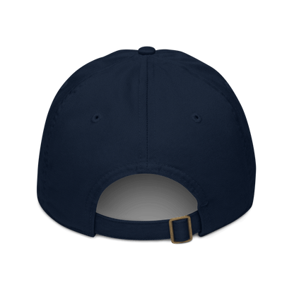 Navy blue cap with a gold buckle on a white background