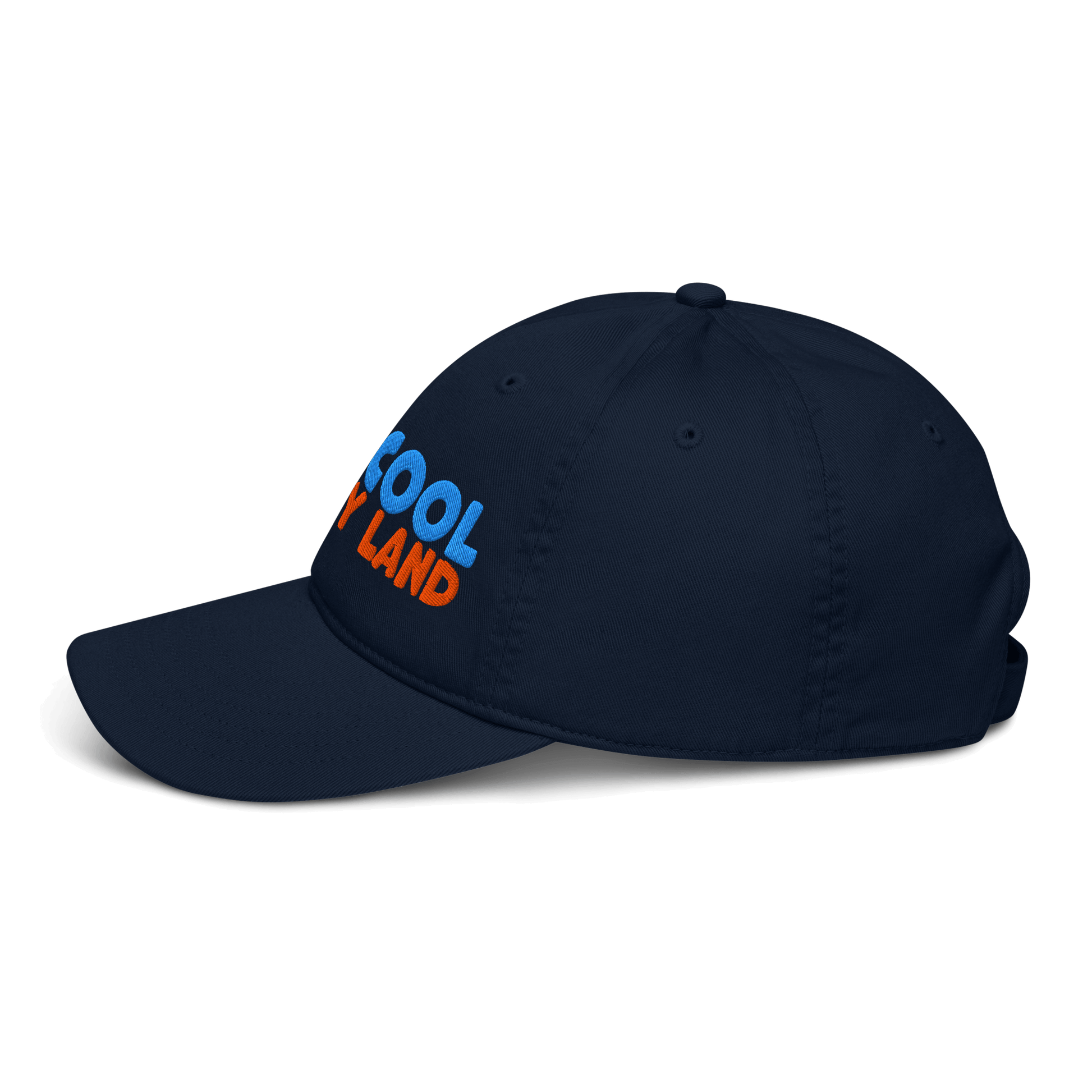 Navy blue cap with colorful text on a white background
