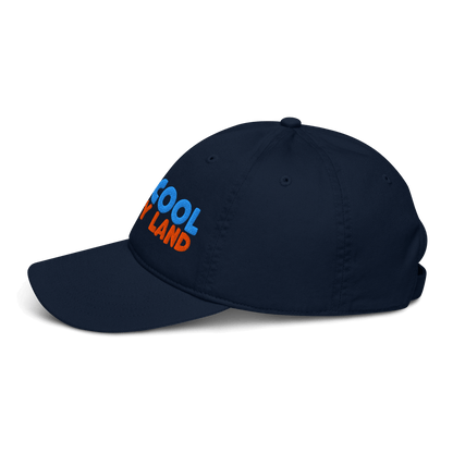 Navy blue cap with colorful text on a white background