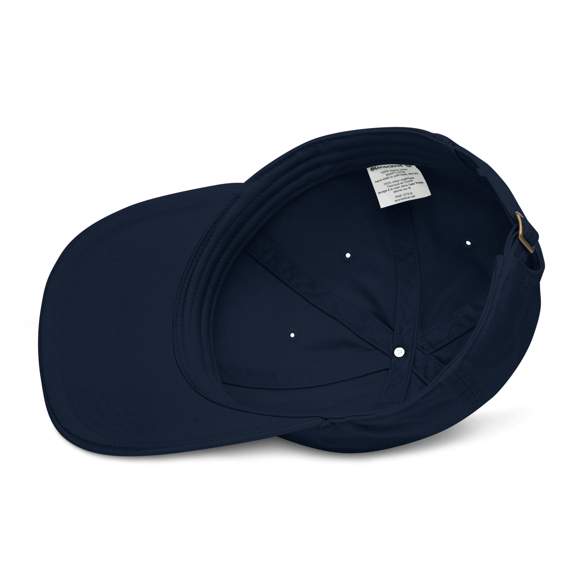 Navy blue cap with a tag on a white background